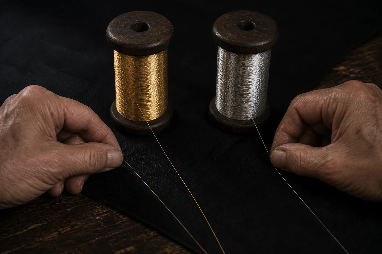 Pure gold and silver threads drawn from dark wooden spools for inspection
