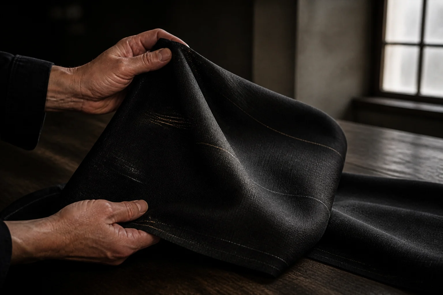 Fine gold and silver threads woven into midnight-black cloth