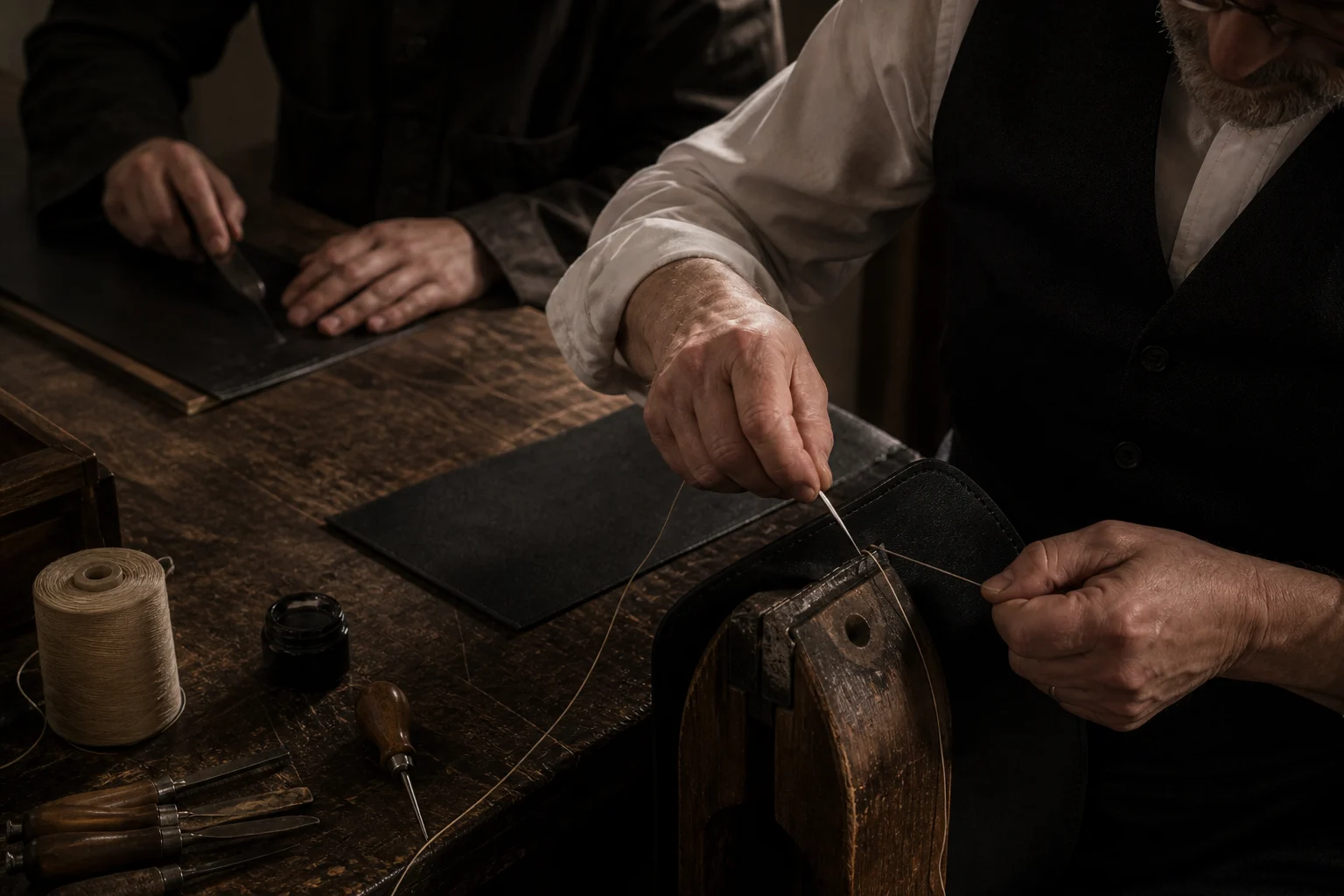 A leather artisan saddle-stitching black calfskin by hand