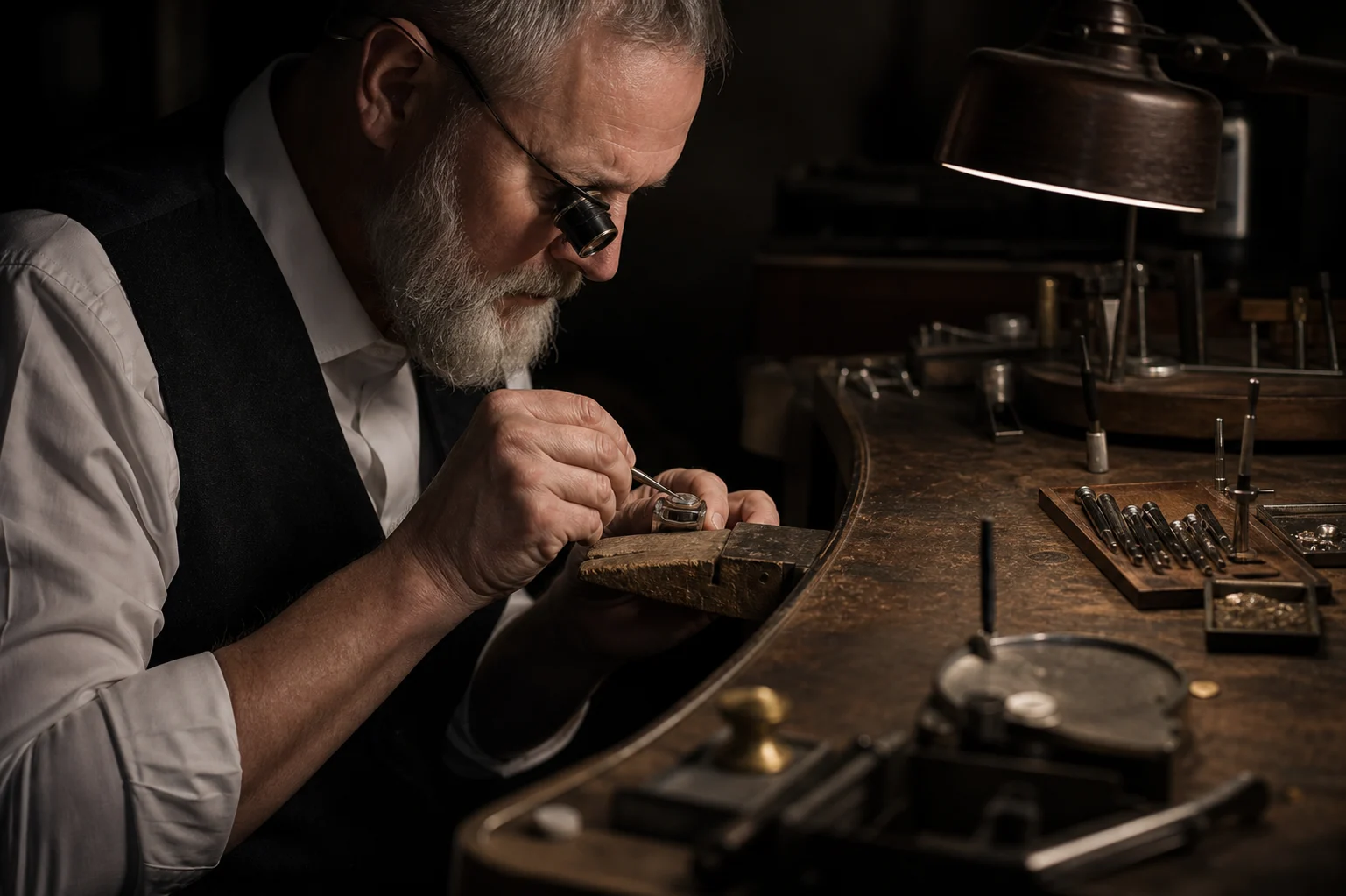 A master goldsmith working at the jewellery bench
